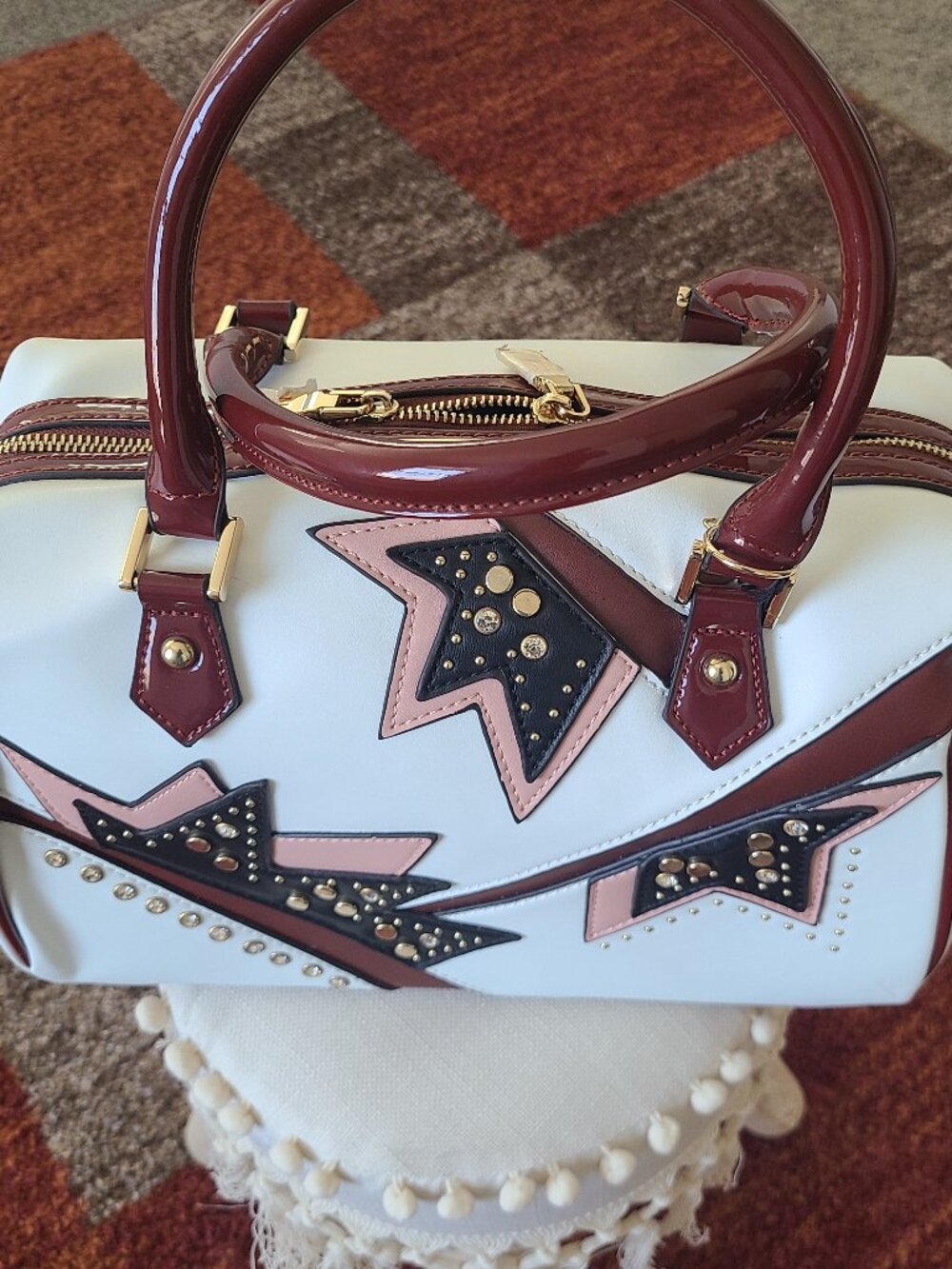 Nicole Lee White & Burgundy Studded Western Satchel Handbag – Rhinestone Design